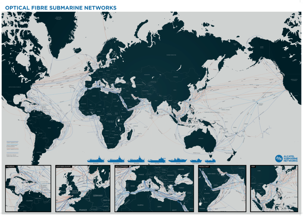 Cable map of optical fibre submarine networks